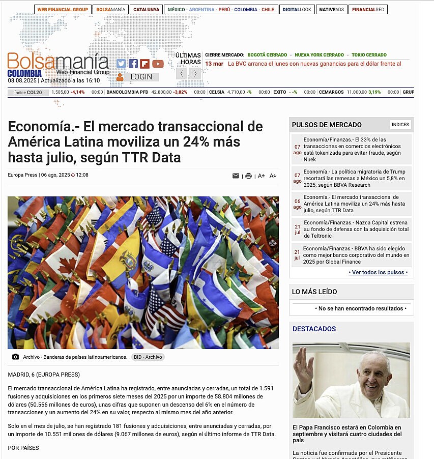 Economa.- El mercado transaccional de Amrica Latina moviliza un 24% ms hasta julio, segn TTR Data